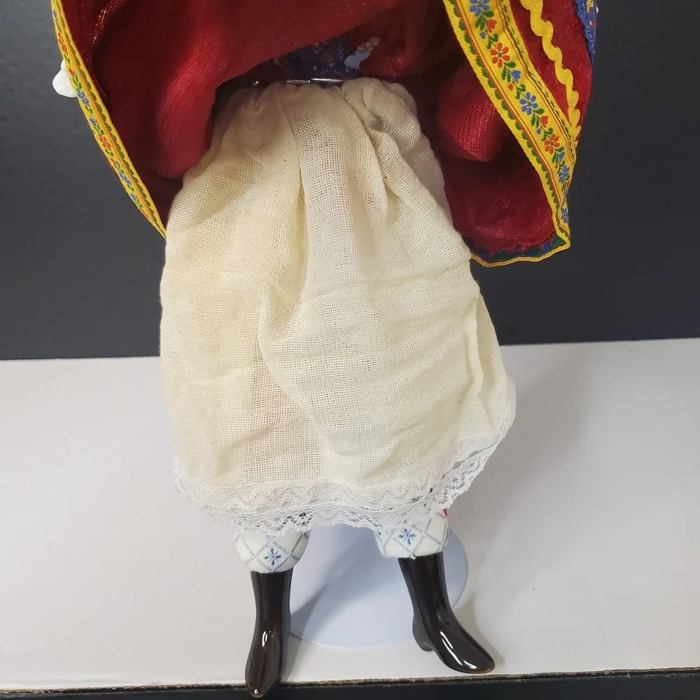 Russian Folk Costume Doll Porcelain Face Hands Feet Red Velvet Dress Fur Hat 16